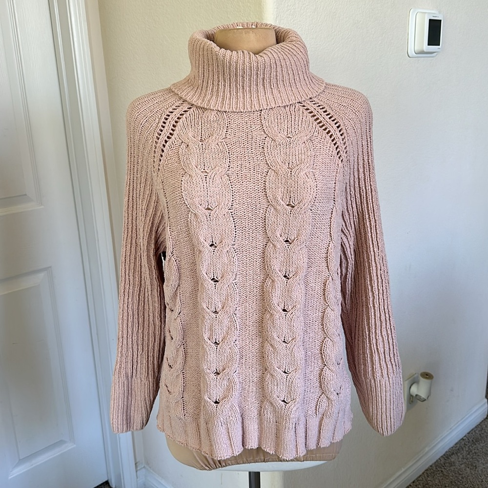Chenille Cable Knit Turtleneck Spring Sweater Blush Pink Cozy Size S NWT